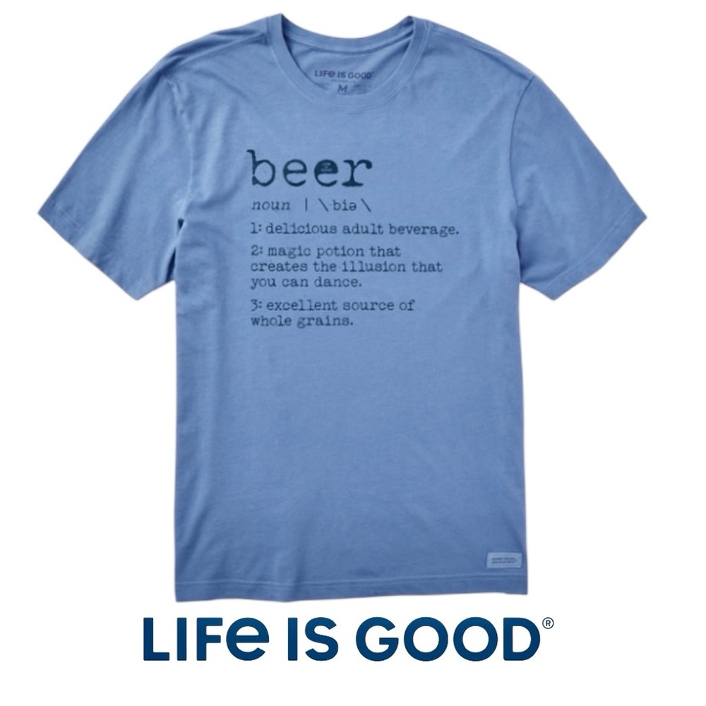 🆕 NWT Life is Good Men's Blue T-Shirt w/Dark Blue Beer Graphic LRG